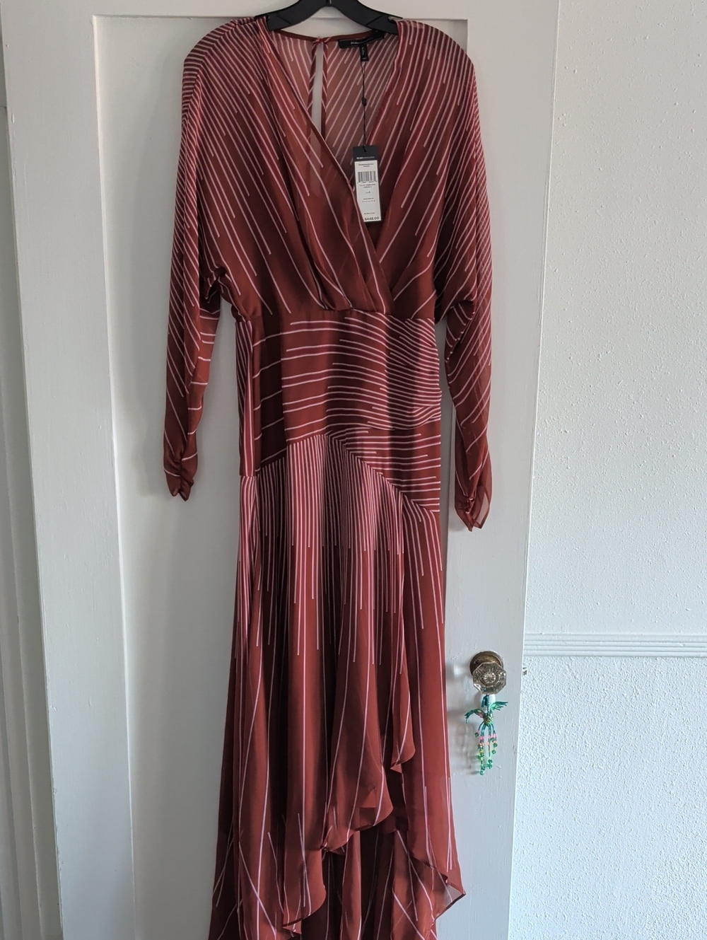 NWT BCBGMaxAzria Rust and White Striped Wrap Maxi Dress